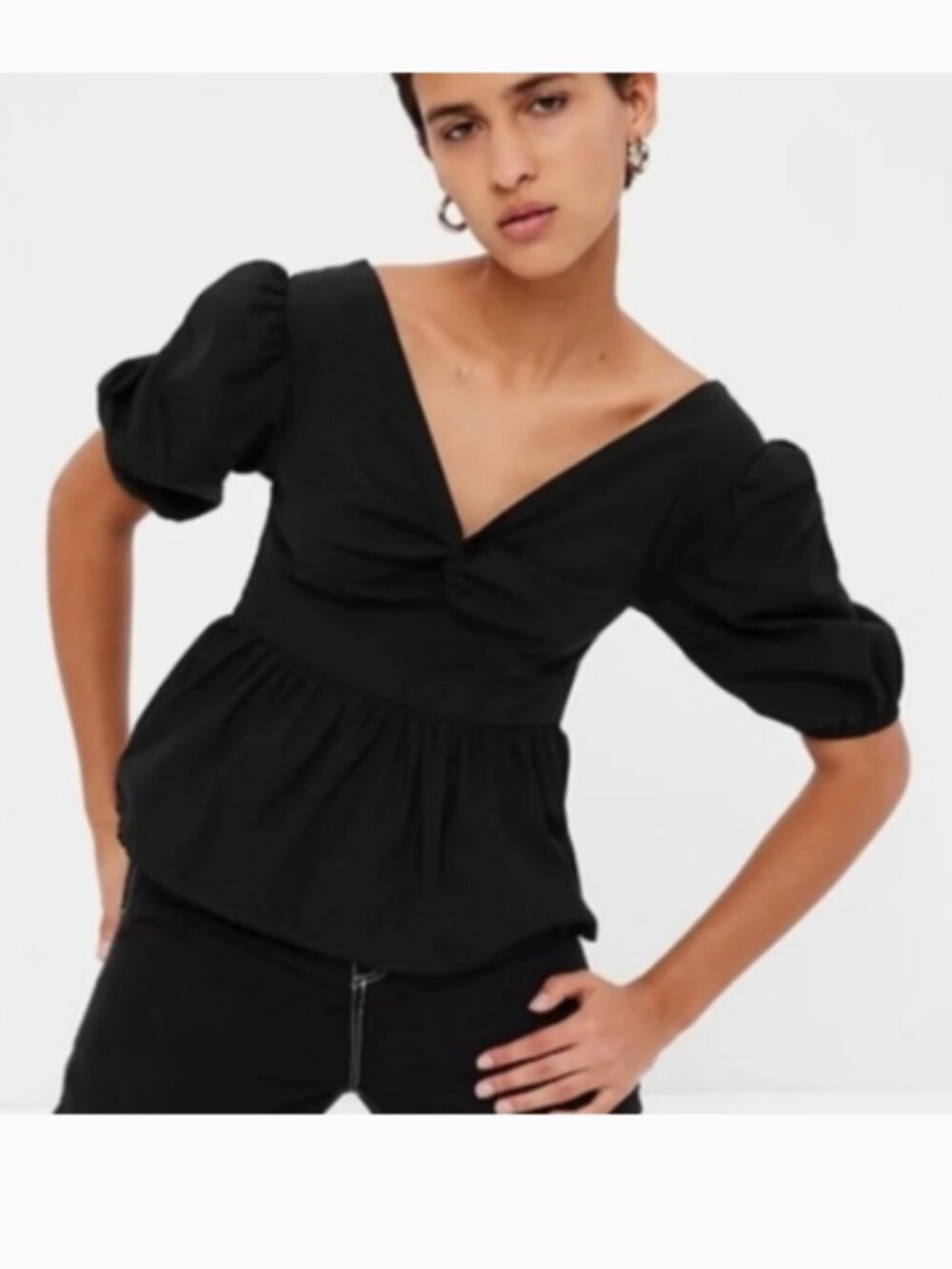 Gap Women’s Size Small Twist-Front Peplum Top in True Black Short Puff Sleeves